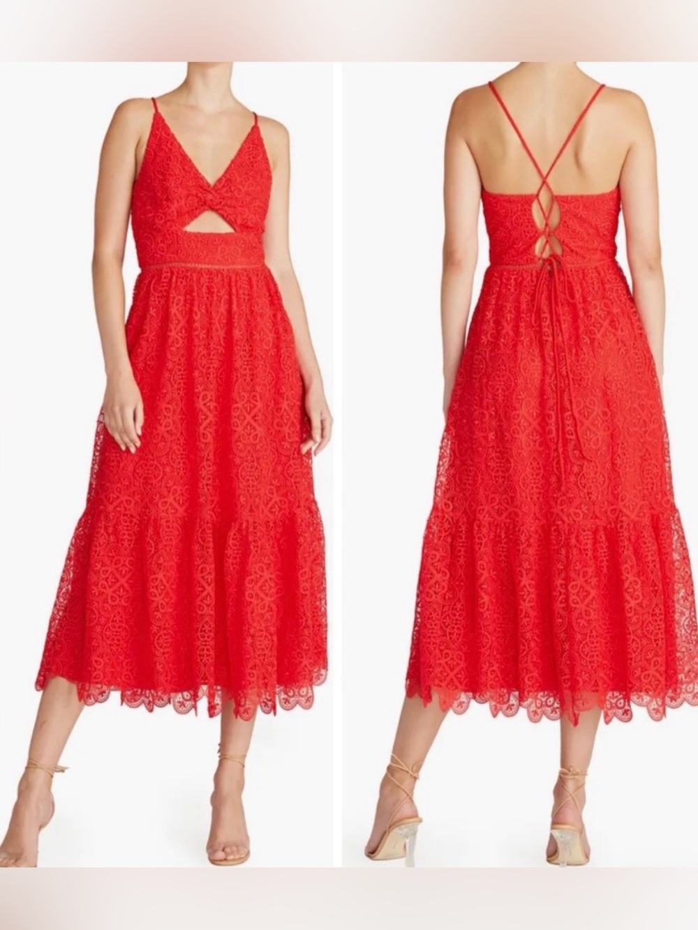 MONIQUE LHUILLIER Cutout Lace Midi Dress - Size 6 - NWT - red